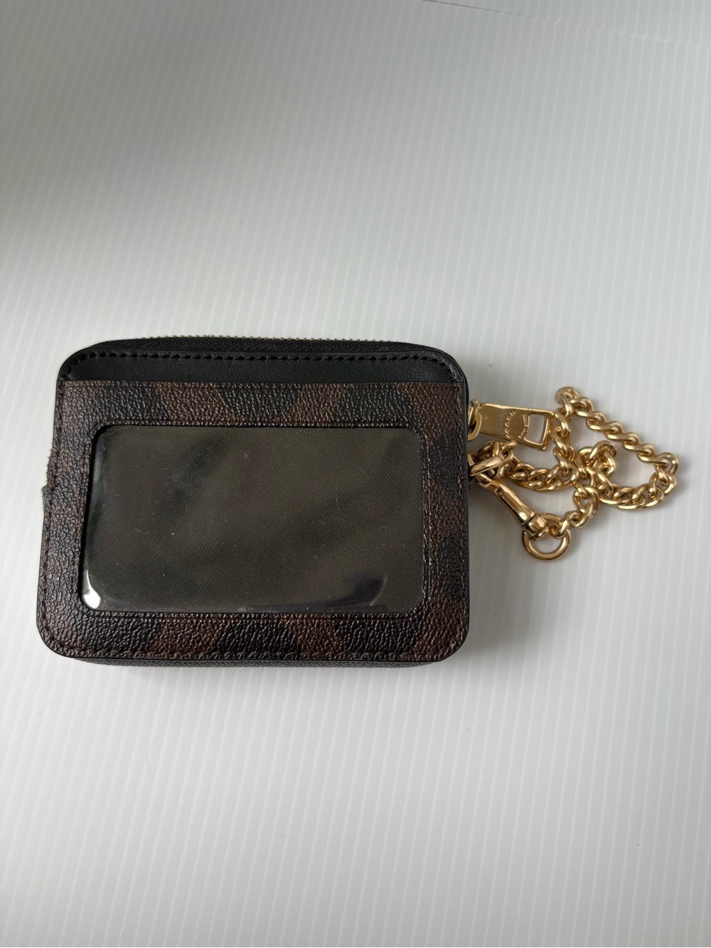Coach Brown Signature Card Case Wristlet with Black Trim and Gold Chain - Picture 3 of 5